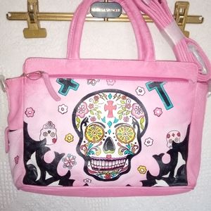Pink Leather Purse with Sugar Skulls